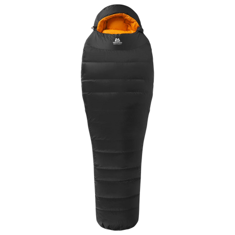 Mountain Equipment Glacier 1000 Sleeping Bag in Obsidian - top view showing 5-baffle anatomically shaped hood and Lode Lock magnetic closure