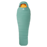 Mountain Equipment Glacier 1000 Women's Sleeping Bag in Sage - lifestyle view showing cold weather sleeping bag for winter mountaineering and high-altitude trekking