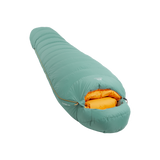 Mountain Equipment Glacier 1000 Women's Sleeping Bag in Sage - product preview showing 950 g of 700+ fill power duck down and Alpine fit construction
