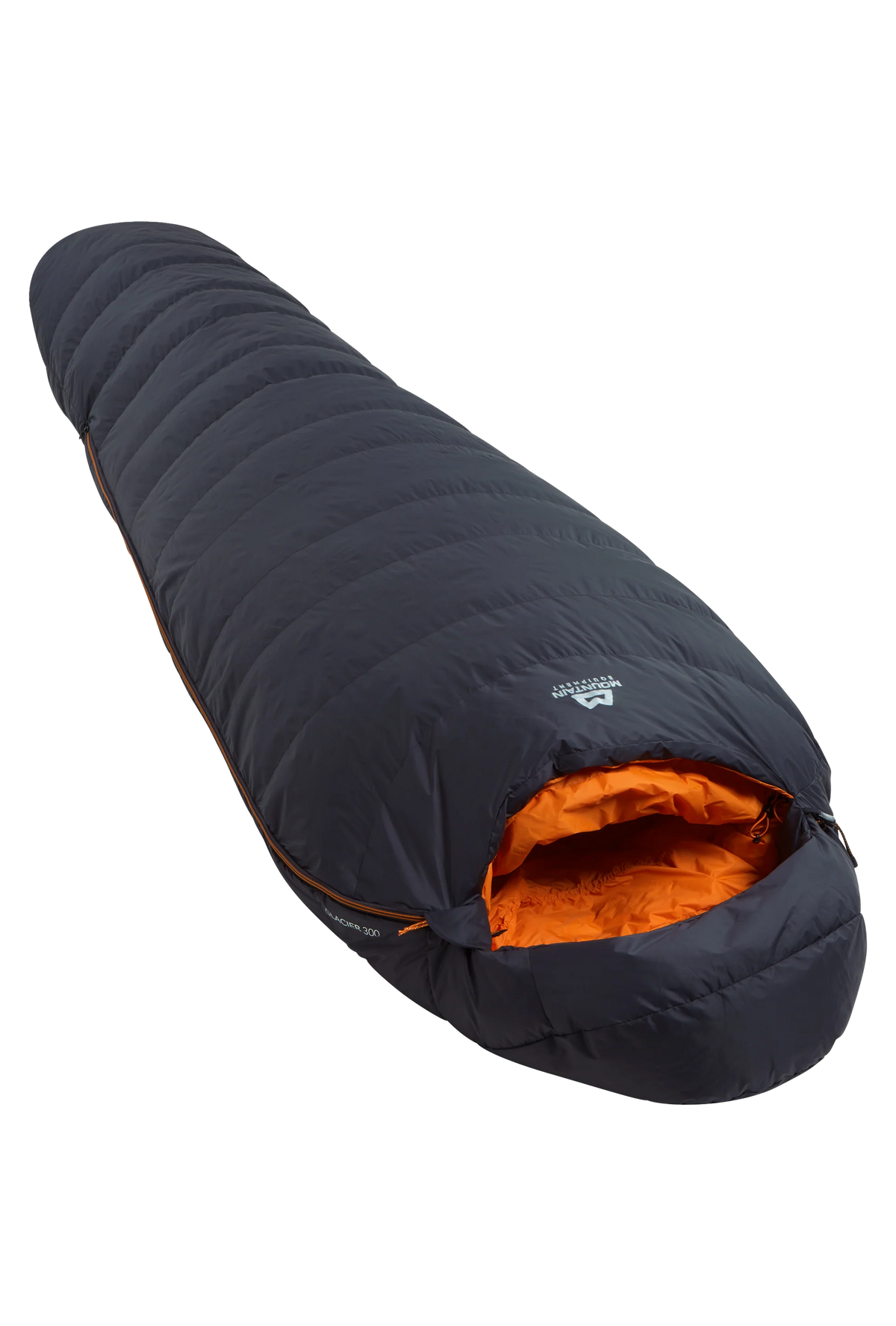 Mountain Equipment Glacier 300 Sleeping Bag in Obsidian - full length view showing 296 g of 700+ fill power duck down and lightweight Alpine fit construction