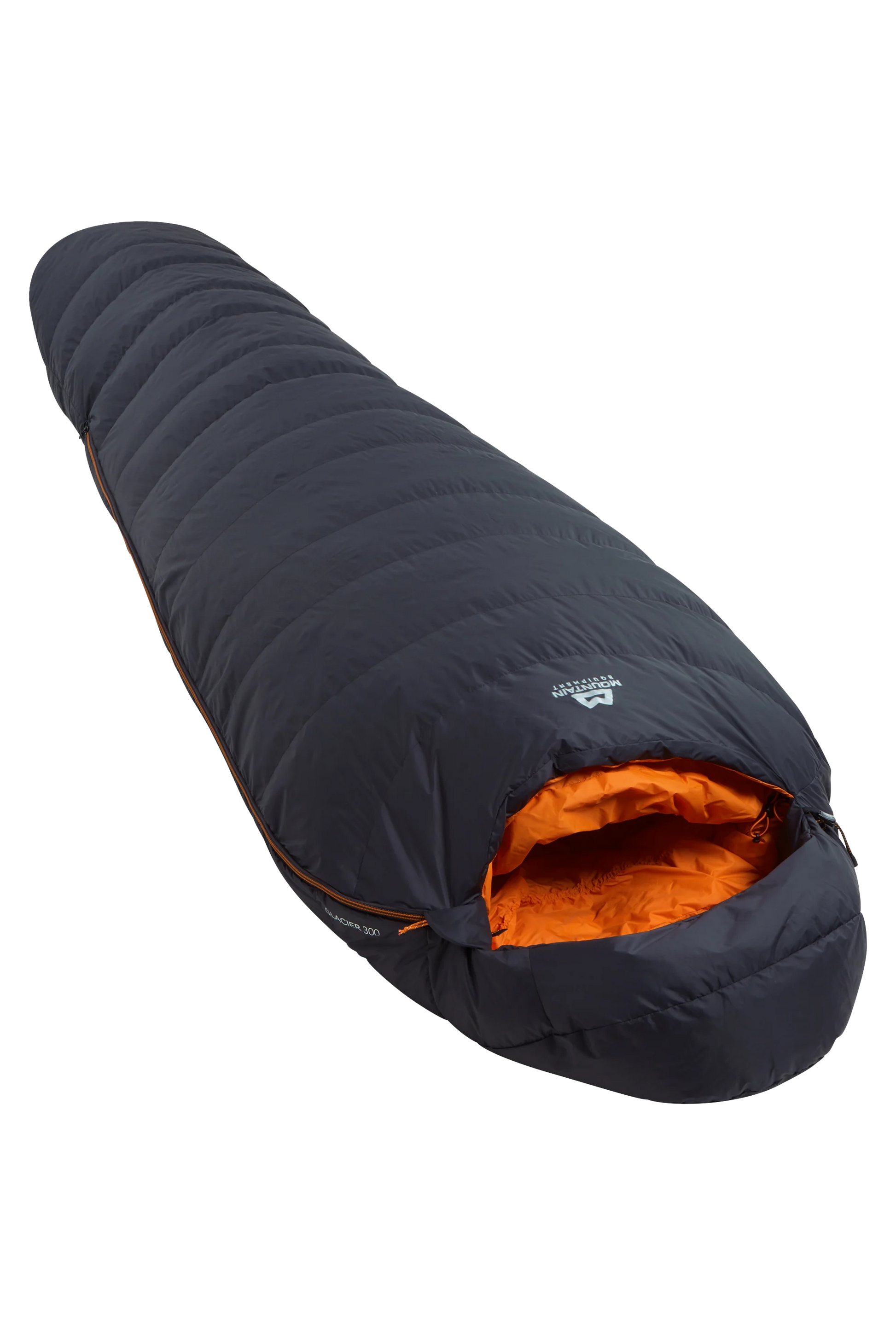 Mountain Equipment Glacier 300 Sleeping Bag in Obsidian - full length view showing 296 g of 700+ fill power duck down and lightweight Alpine fit construction