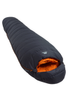 Mountain Equipment Glacier 300 Sleeping Bag in Obsidian - full length view showing 296 g of 700+ fill power duck down and lightweight Alpine fit construction