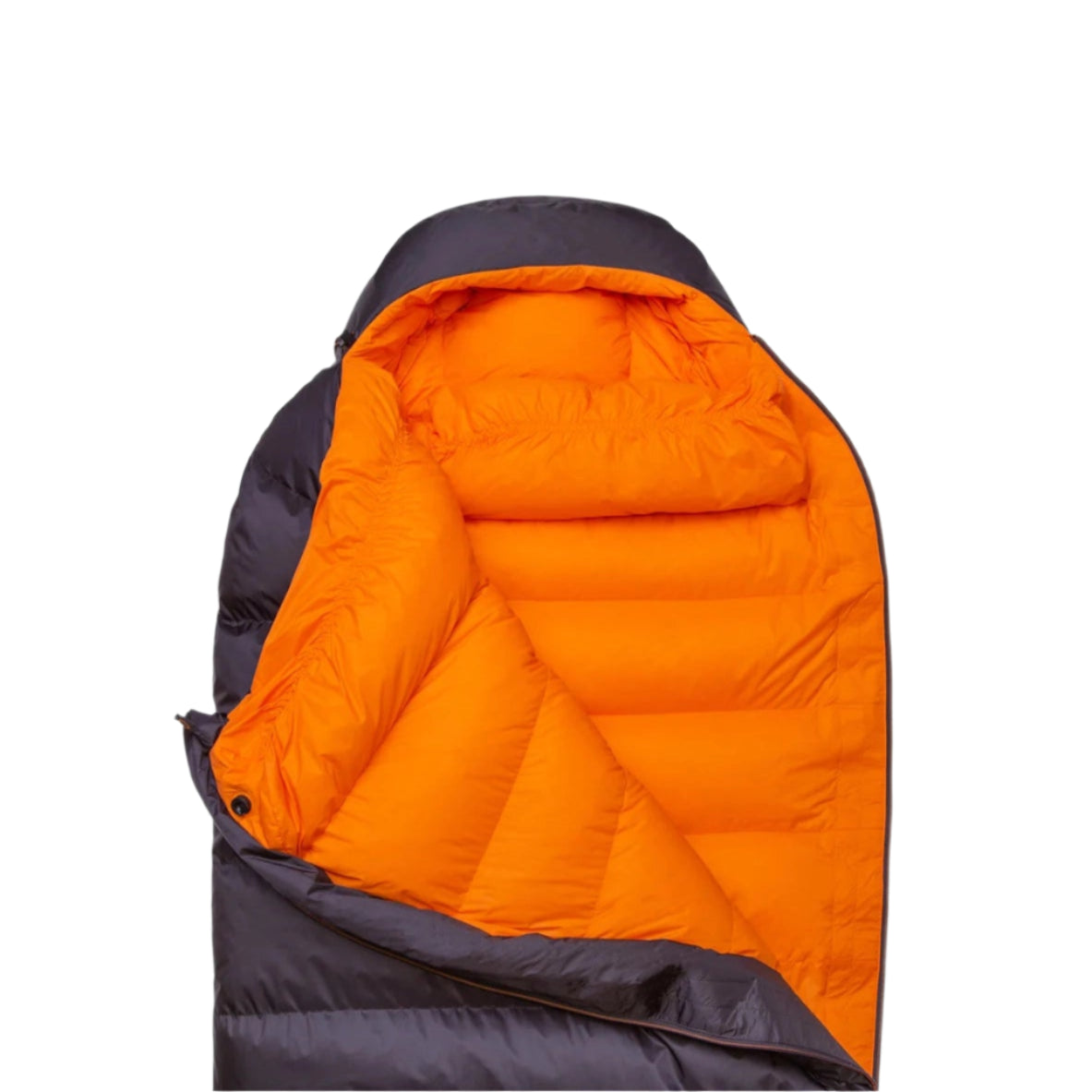 Mountain Equipment Glacier 300 Sleeping Bag in Obsidian - side view showing full-length Gemini zip baffle and Drilite Loft 30 denier outer fabric