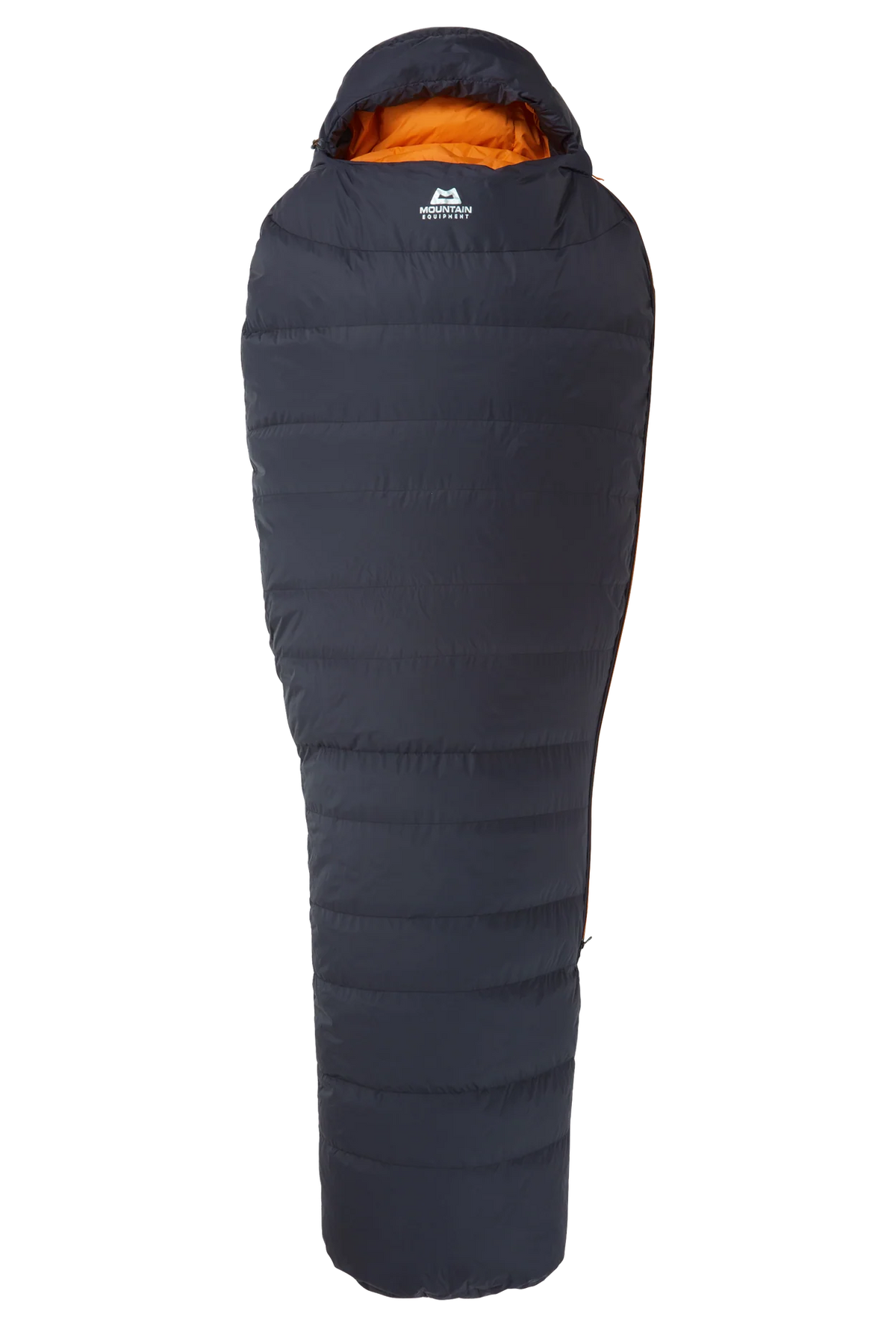 Mountain Equipment Glacier 300 Sleeping Bag in Obsidian - top view showing 5-baffle anatomically shaped hood and Lode Lock magnetic closure