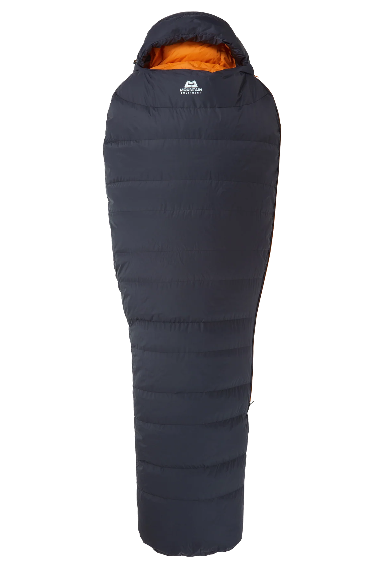 Mountain Equipment Glacier 300 Sleeping Bag in Obsidian - top view showing 5-baffle anatomically shaped hood and Lode Lock magnetic closure