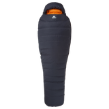 Mountain Equipment Glacier 450 Sleeping Bag in Obsidian - full length view showing tapered Alpine fit and Drilite Loft 30 denier outer fabric