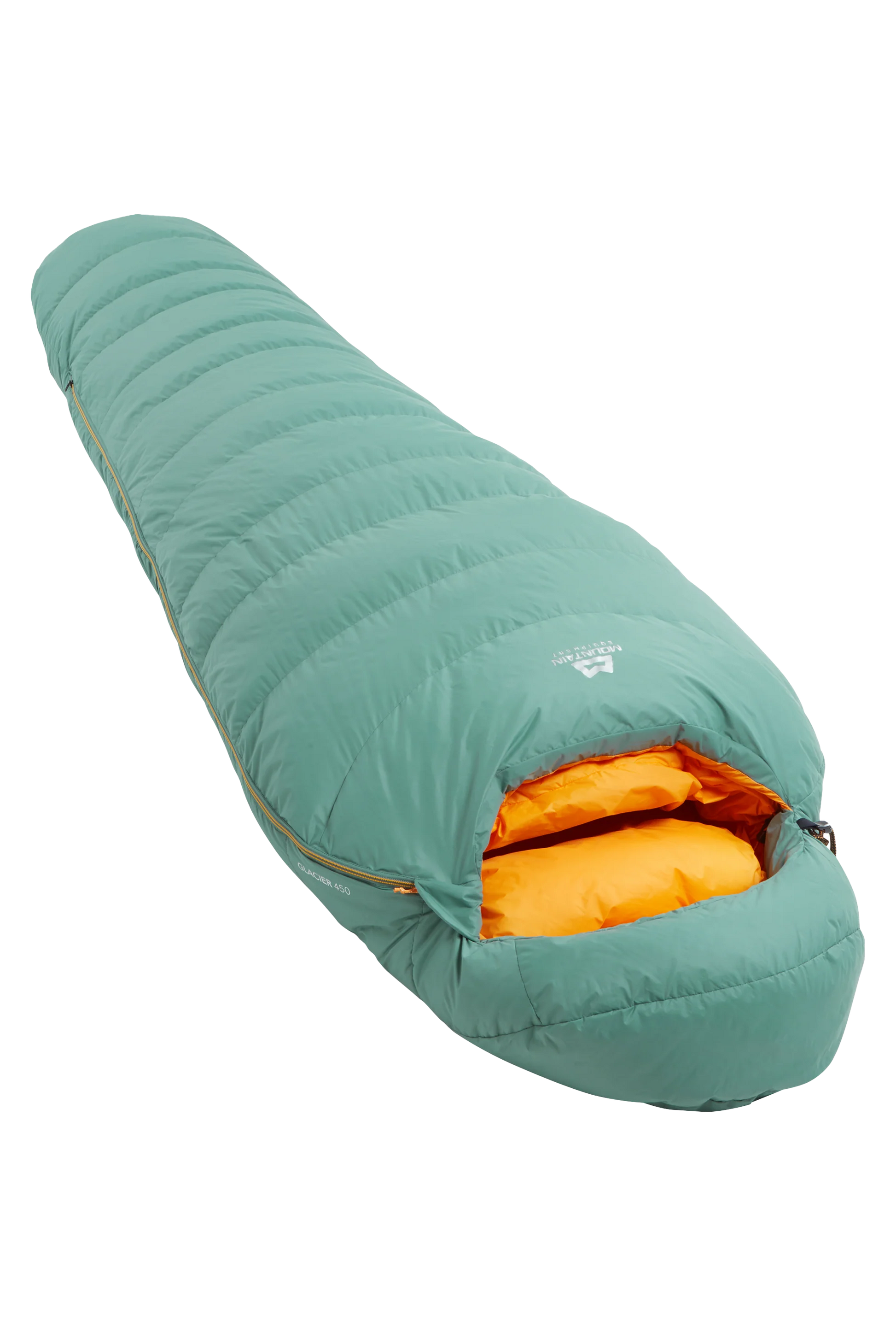 Mountain Equipment Glacier 450 Women's Sleeping Bag in Sage - product preview showing 700+ fill power duck down and Alpine fit construction