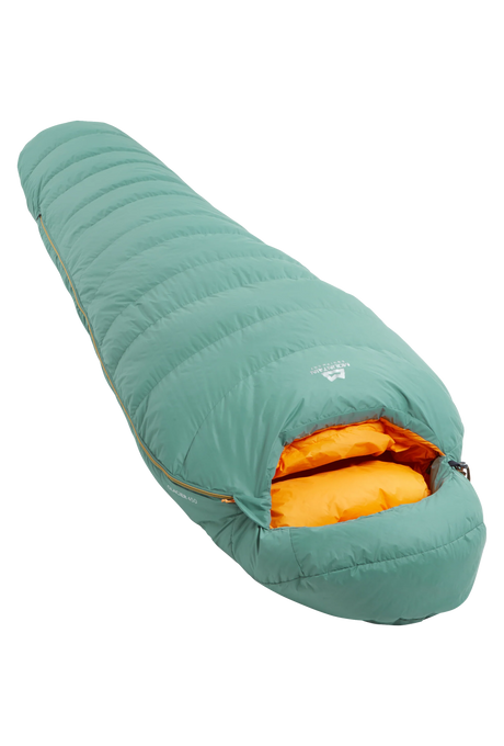 Mountain Equipment Glacier 450 Women's Sleeping Bag in Sage - product preview showing 700+ fill power duck down and Alpine fit construction