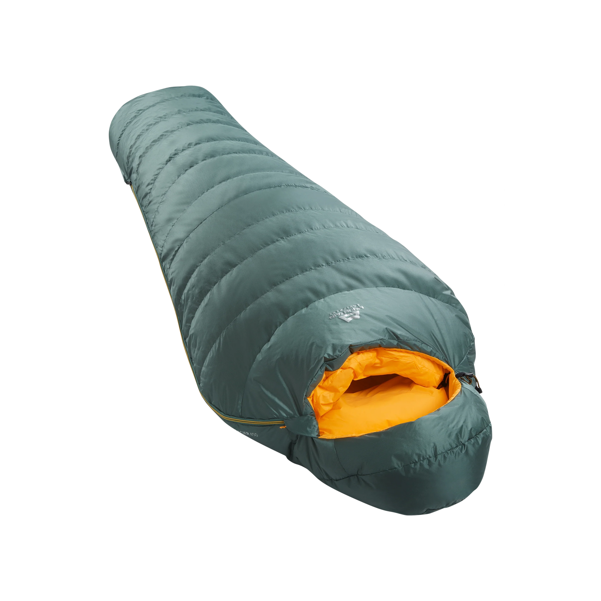 Mountain Equipment Glacier 450 Women's Sleeping Bag in Sage - full length view showing 435 g of 700+ fill power duck down and Alpine fit construction
