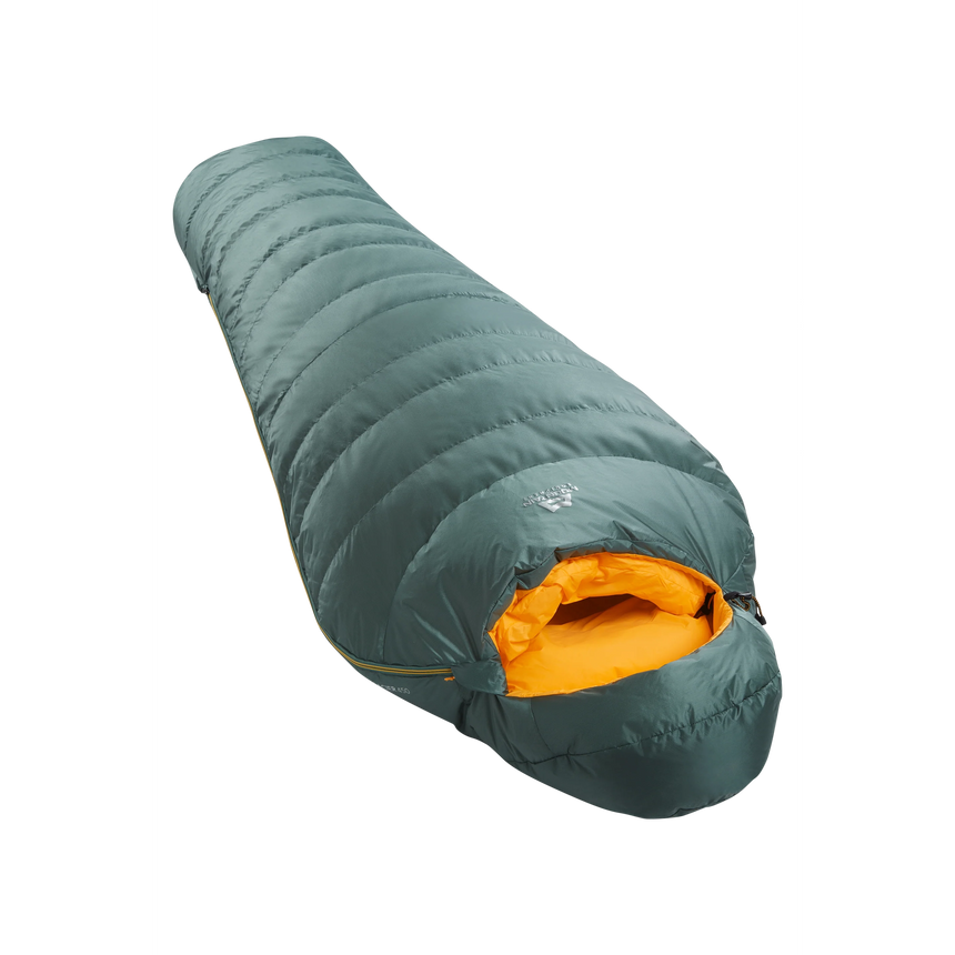 Mountain Equipment Glacier 450 Women's Sleeping Bag in Sage - full length view showing 435 g of 700+ fill power duck down and Alpine fit construction