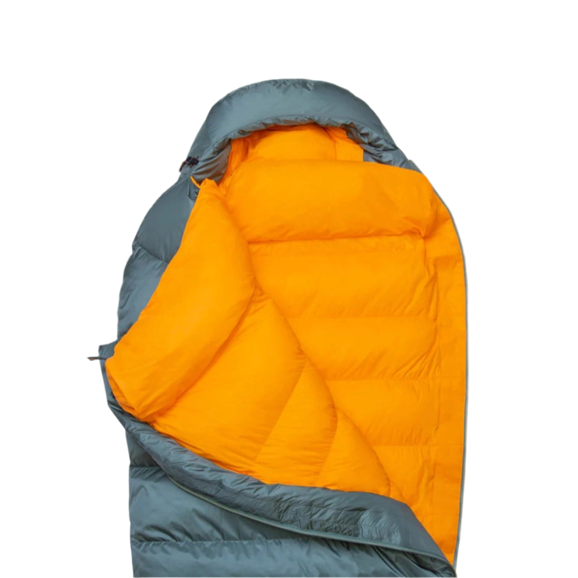 Mountain Equipment Glacier 450 Women's Sleeping Bag in Sage - side view showing full-length Gemini zip baffle and Drilite Loft outer shell