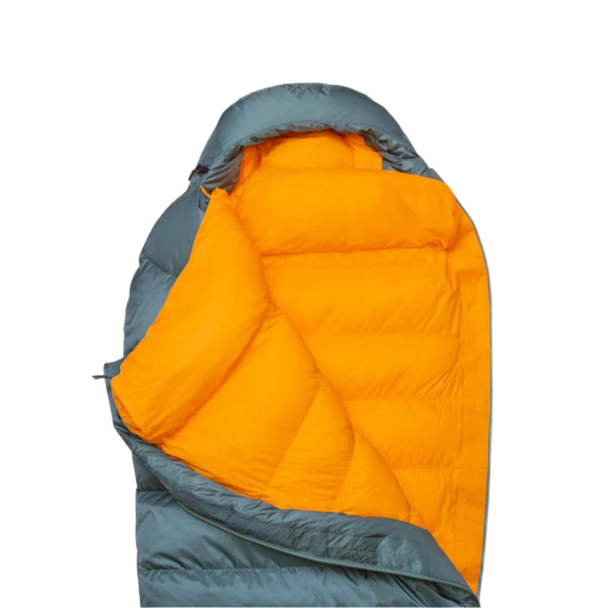 Mountain Equipment Glacier 450 Women's Sleeping Bag in Sage - side view showing full-length Gemini zip baffle and Drilite Loft outer shell