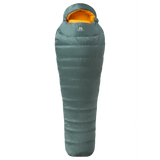 Mountain Equipment Glacier 450 Women's Sleeping Bag in Sage - top view showing 5-baffle anatomically shaped hood and Lode Lock magnetic closure