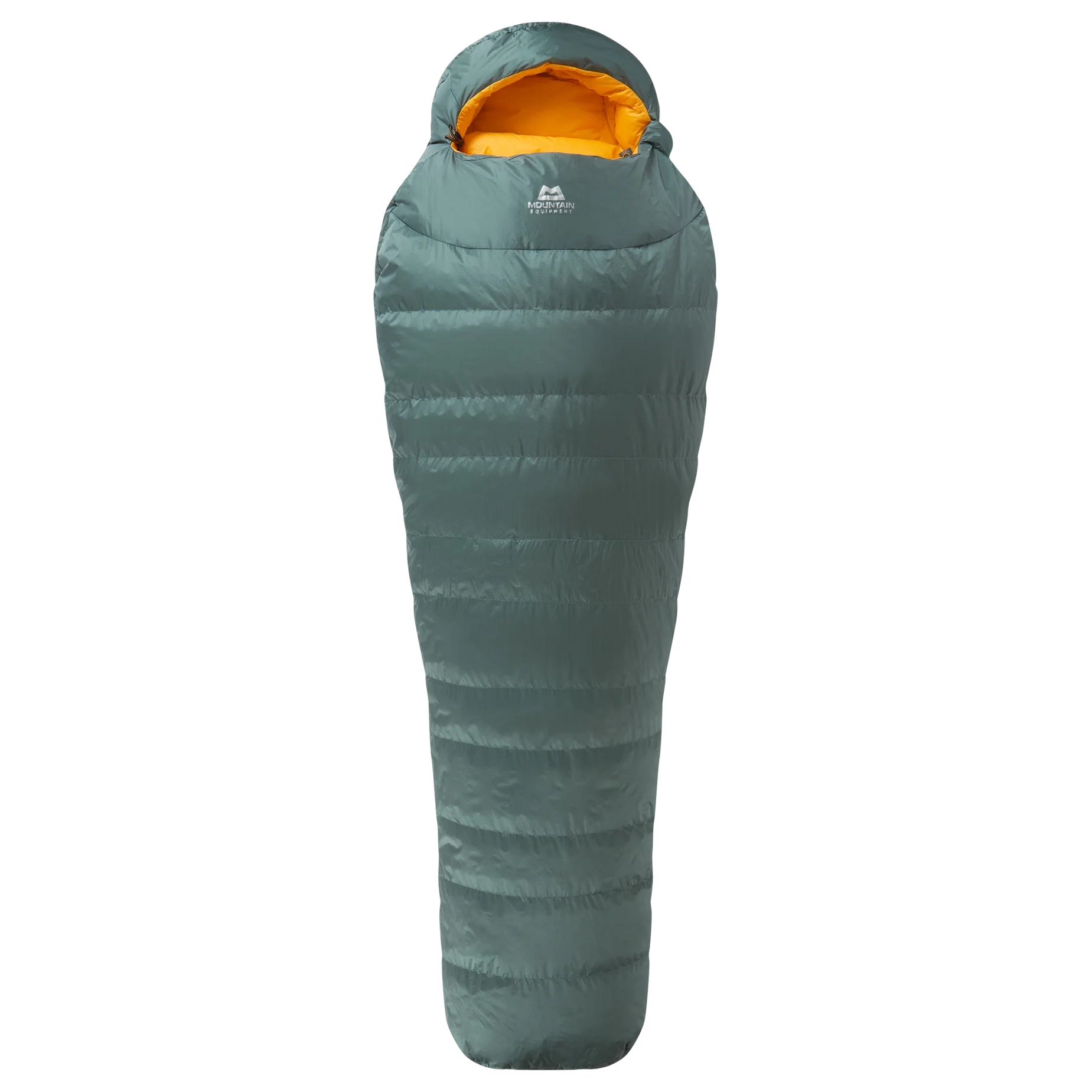 Mountain Equipment Glacier 450 Women's Sleeping Bag in Sage - top view showing 5-baffle anatomically shaped hood and Lode Lock magnetic closure