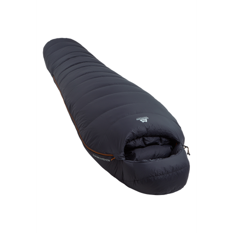 Mountain Equipment Glacier Expedition Sleeping Bag in Obsidian - full length view showing roomy Expedition fit and trapezoid baffle construction