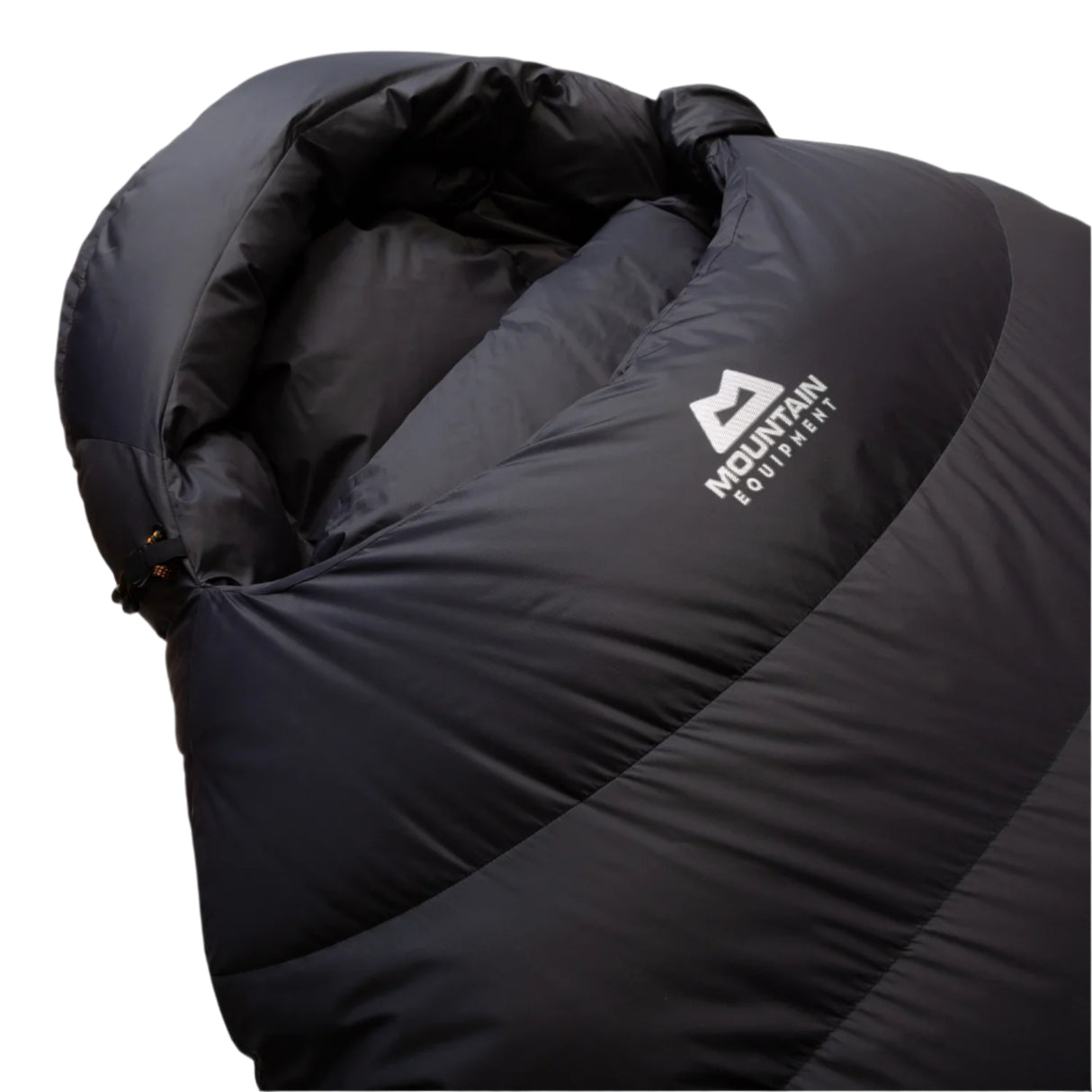 Mountain Equipment Glacier Expedition Sleeping Bag in Obsidian - side view showing full-length Gemini zip baffle and Drilite Loft 30 denier outer fabric