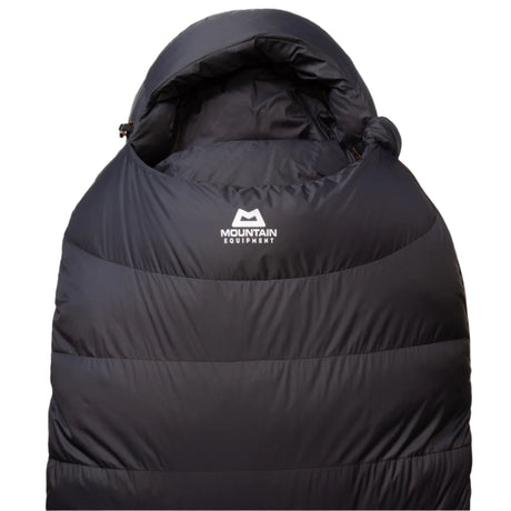 Mountain Equipment Glacier Expedition Sleeping Bag in Obsidian - top view showing 5-baffle anatomically shaped hood and Lode Lock magnetic closure