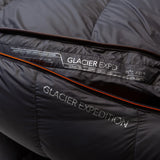Full-length Gemini zip baffle detail on Mountain Equipment Glacier Expedition Sleeping Bag in Obsidian