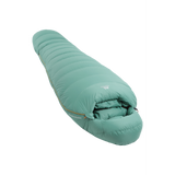 Mountain Equipment Glacier Expedition Women's Sleeping Bag in Sage - full length view showing roomy Women's Expedition fit and trapezoid baffle construction