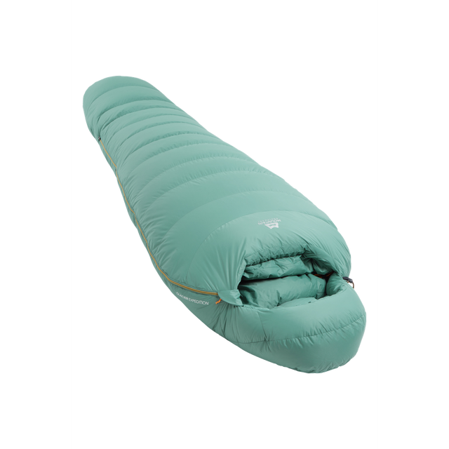 Mountain Equipment Glacier Expedition Women's Sleeping Bag in Sage - full length view showing roomy Women's Expedition fit and trapezoid baffle construction