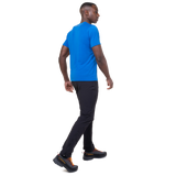 Mountain Equipment Groundup Men's Tee in Atlantic Blue - detail view showing Polygiene StayFresh anti-microbial treatment and fabric stretch
