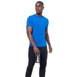 Mountain Equipment Groundup Men's Tee in Atlantic Blue - side view showing slim fit and recycled polyester TENCEL fabric