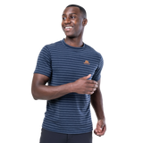 Mountain Equipment Groundup Men's Tee in Cosmos Stripe - back view showing lightweight stretchy drirelease TENCEL construction