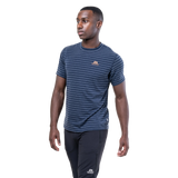 Mountain Equipment Groundup Men's Tee in Cosmos Stripe - detail view showing crew neck and 175 g/m2 drirelease TENCEL fabric