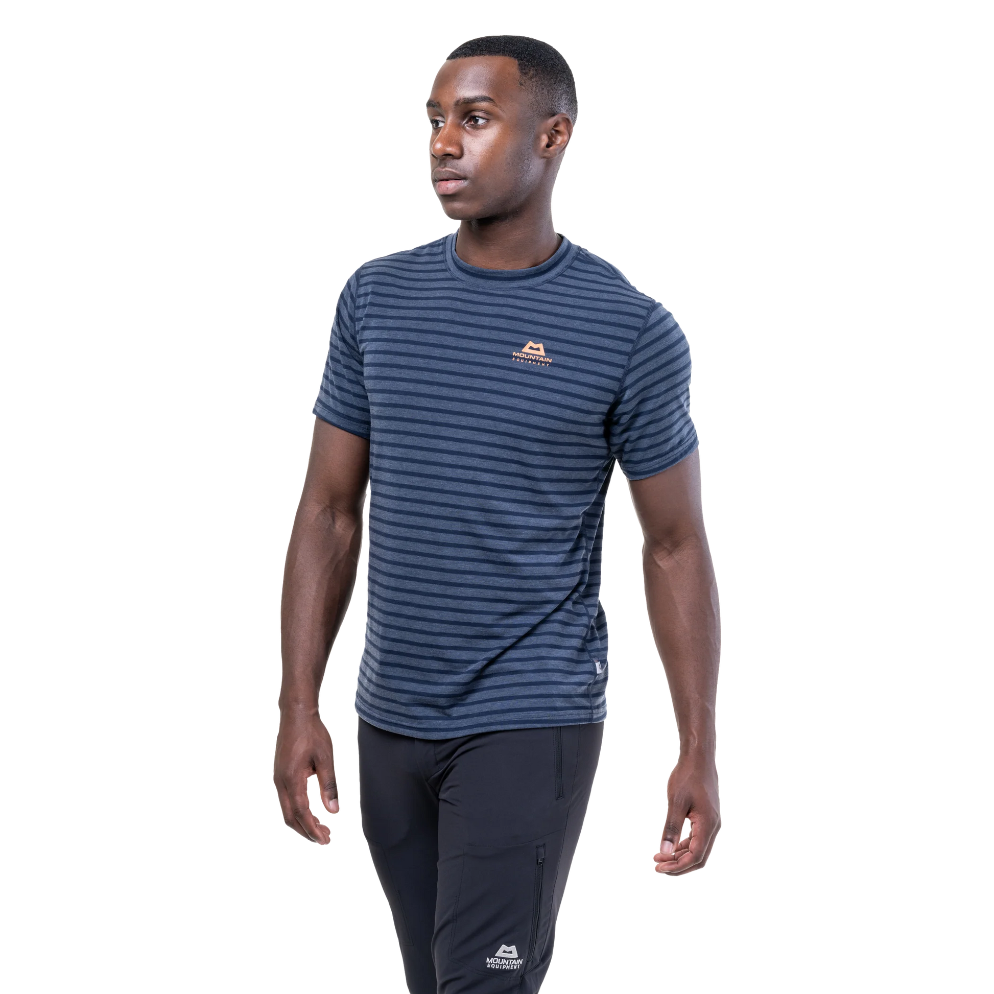 Mountain Equipment Groundup Men's Tee in Cosmos Stripe - detail view showing crew neck and 175 g/m2 drirelease TENCEL fabric