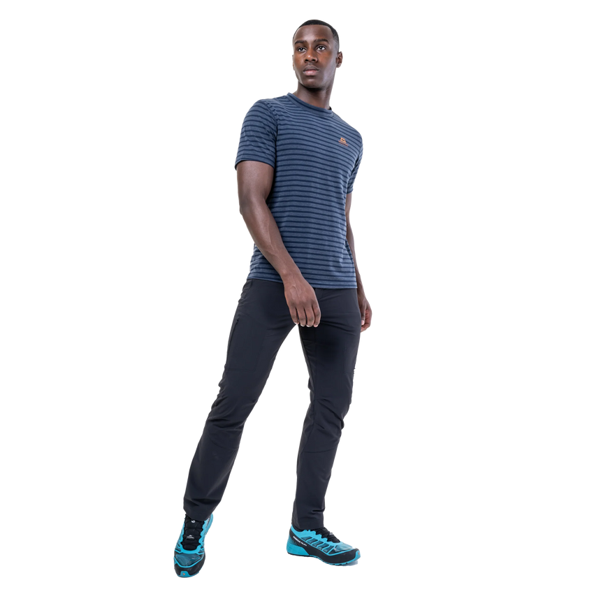 Mountain Equipment Groundup Men's Tee in Cosmos Stripe - side view showing slim fit and recycled polyester TENCEL fabric