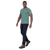 Mountain Equipment Groundup Men's Tee in Fern Stripe - detail view showing Polygiene StayFresh anti-microbial treatment and fabric stretch