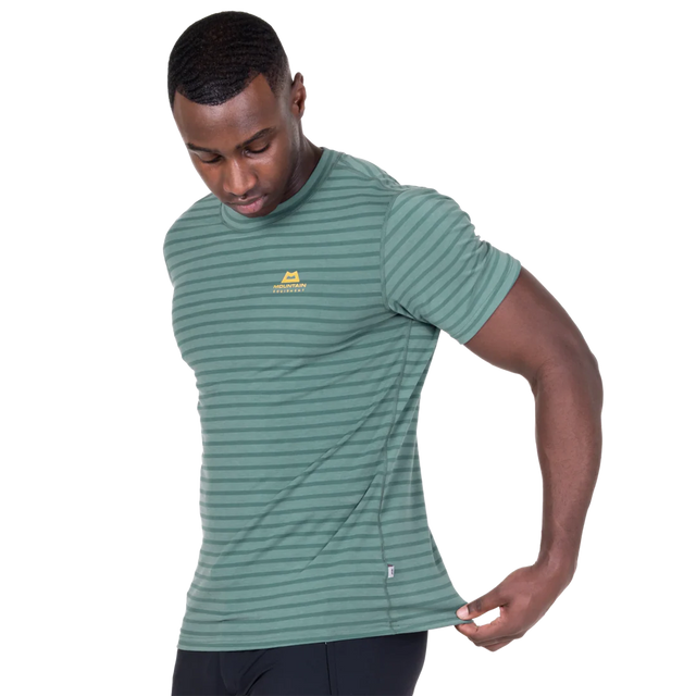 Mountain Equipment Groundup Men's Tee in Fern Stripe - front view showing slim fit crew neck and drirelease TENCEL fabric