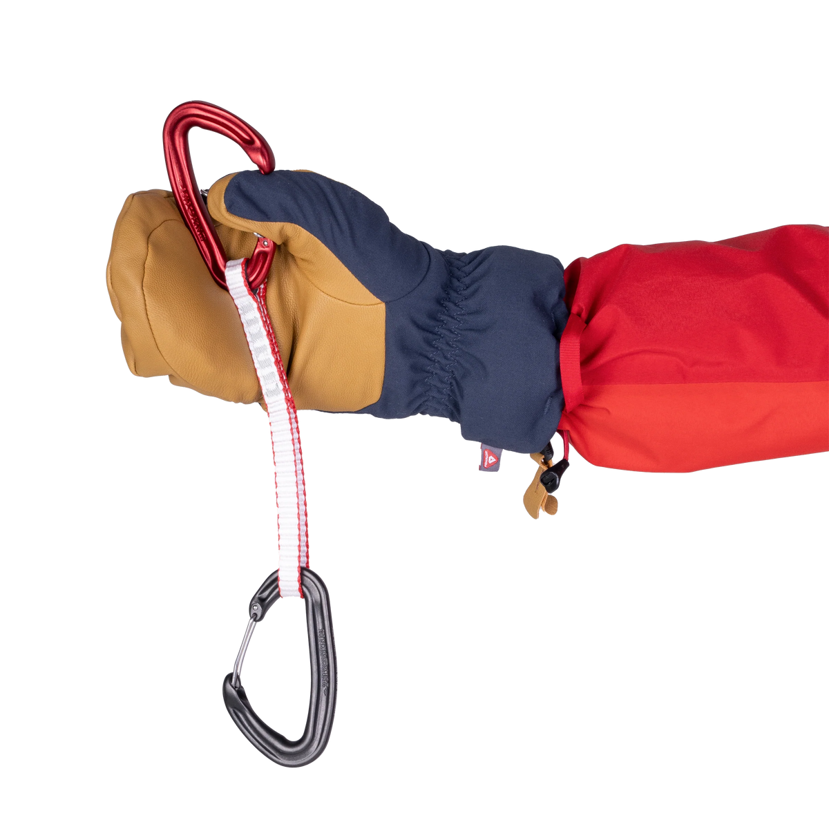 Reversed suede nose wipe detail on Mountain Equipment Guide Mitt in Cosmos/Tan