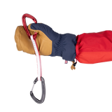 Reversed suede nose wipe detail on Mountain Equipment Guide Mitt in Cosmos/Tan
