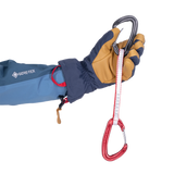 Carabiner carry loop and removable wrist tether on Mountain Equipment Guide Women's Glove in Cosmos/Tan