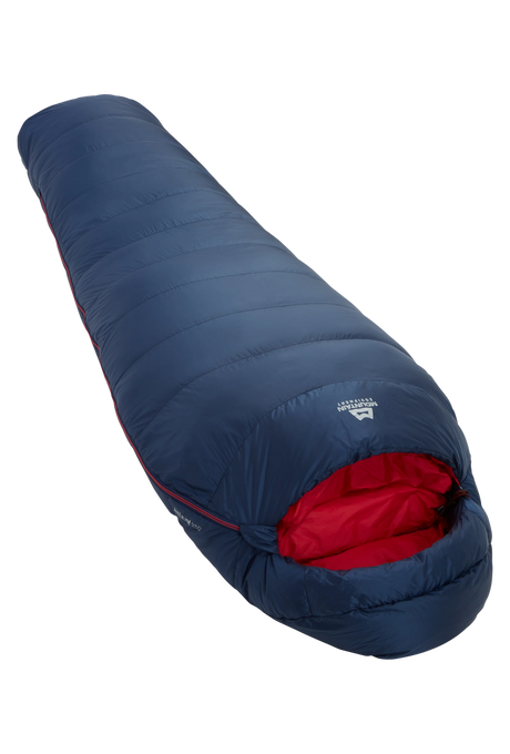 Mountain Equipment Helium 250 Women's Sleeping Bag in Medieval Blue - front view showing recycled Helium 20D outer and Alpine 2.0 fit