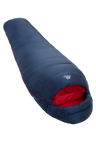 Mountain Equipment Helium 250 Women's Sleeping Bag in Medieval Blue - front view showing recycled Helium 20D outer and Alpine 2.0 fit