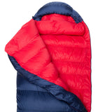 Foot box detail on Mountain Equipment Helium 400 Women's Sleeping Bag in Medieval Blue showing Trapezium 4 System four-baffle construction