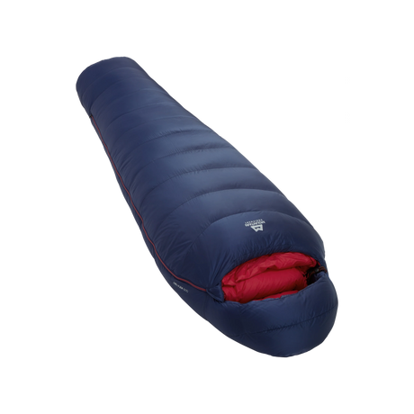 Mountain Equipment Helium 800 Women's Sleeping Bag in Medieval Blue - front view showing recycled Helium 20D outer and Alpine 2.0 fit