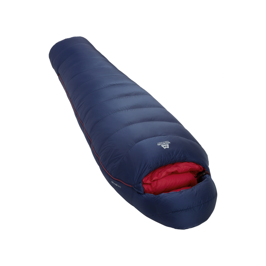 Mountain Equipment Helium 800 Women's Sleeping Bag in Medieval Blue - front view showing recycled Helium 20D outer and Alpine 2.0 fit