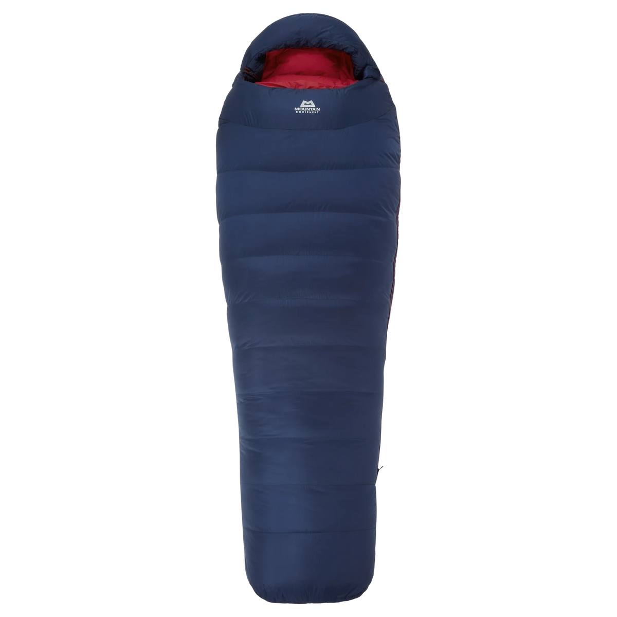 Hood detail on Mountain Equipment Helium 800 Women's Sleeping Bag in Medieval Blue showing five-baffle anatomically shaped construction with dual tether drawcords
