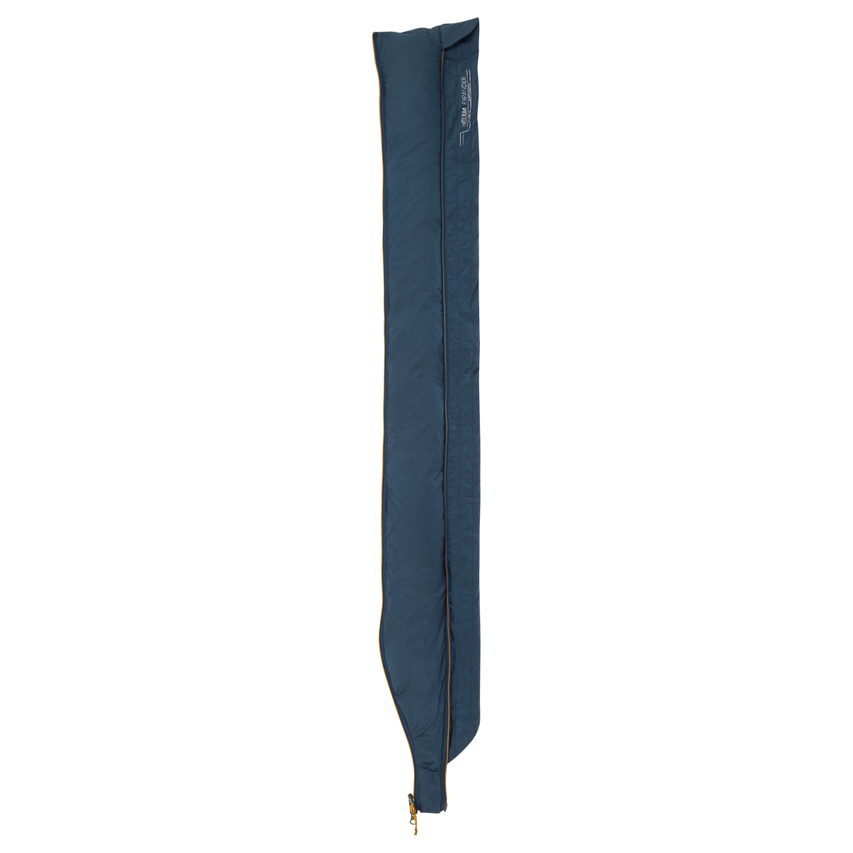 Mountain Equipment Helium Expansion Baffle in Majolica Blue - front view showing recycled Helium 20D outer and YKK zip attachment