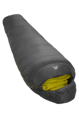 Mountain Equipment Helium GT 250 Sleeping Bag in Anvil Grey - front view showing recycled Helium 20D outer and roomy GT fit