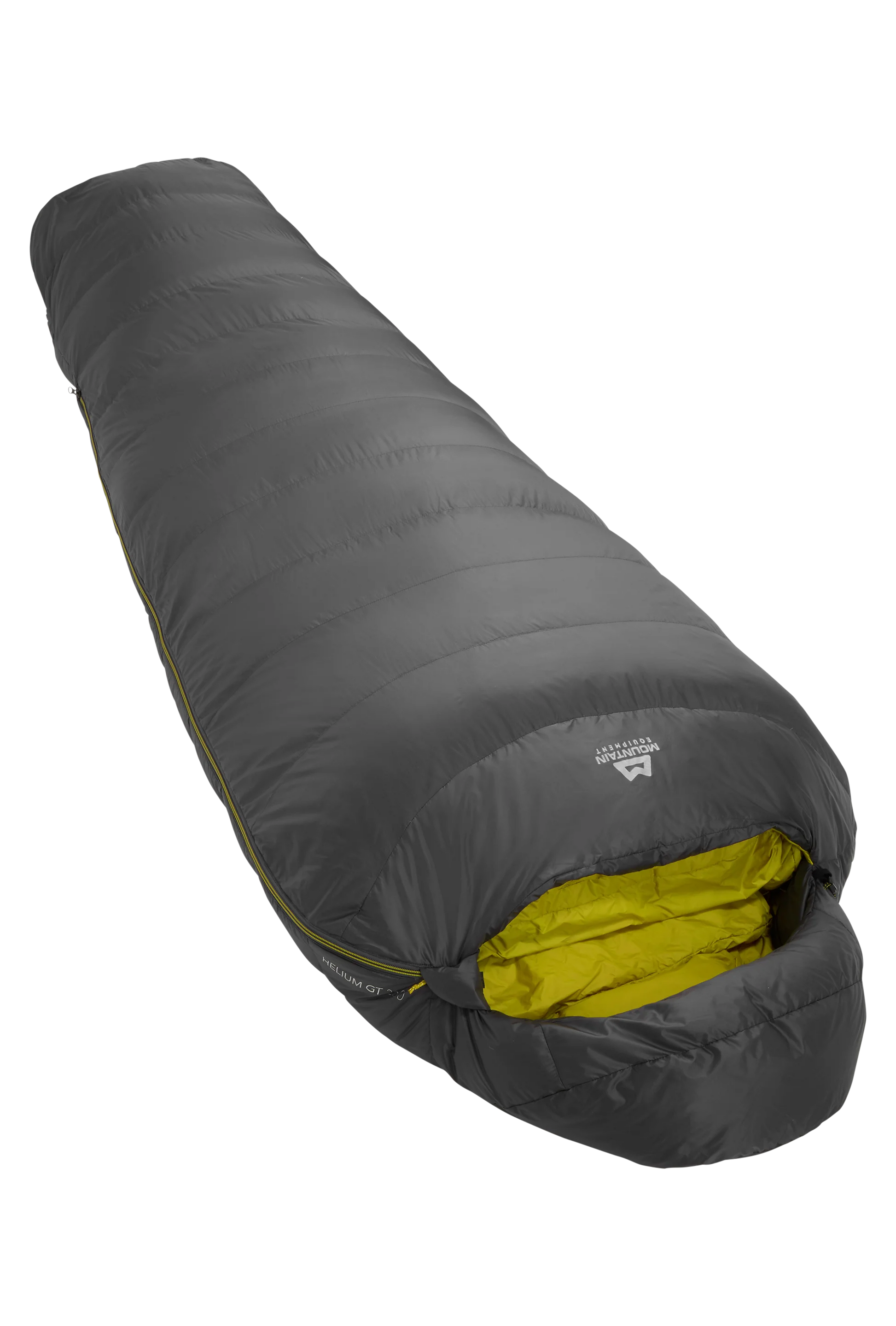 Mountain Equipment Helium GT 250 Sleeping Bag in Anvil Grey - front view showing recycled Helium 20D outer and roomy GT fit
