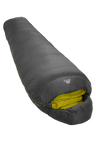Mountain Equipment Helium GT 250 Sleeping Bag in Anvil Grey - front view showing recycled Helium 20D outer and roomy GT fit