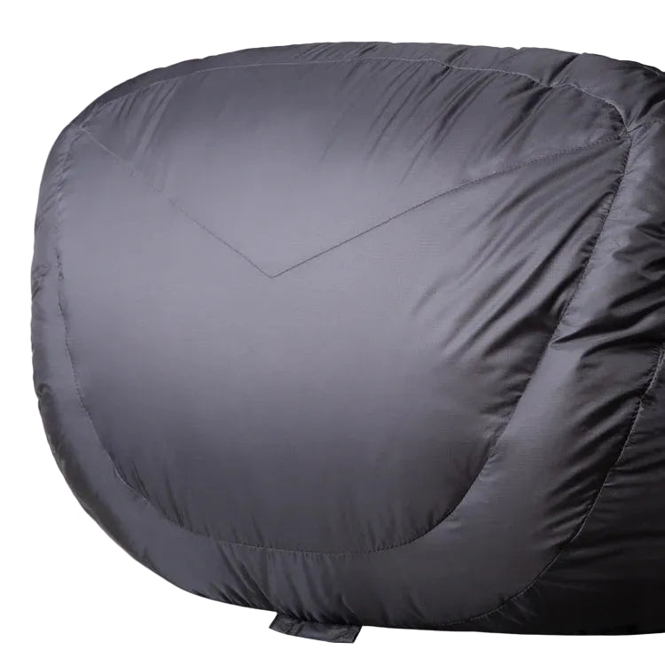 Mountain Equipment Helium GT 250 Sleeping Bag in Anvil Grey - lifestyle view showing roomy GT fit sleeping bag for extended warm-weather backpacking