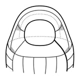 Mountain Equipment Helium GT 250 Sleeping Bag specification diagram showing low-volume anatomically shaped five-baffle hood construction