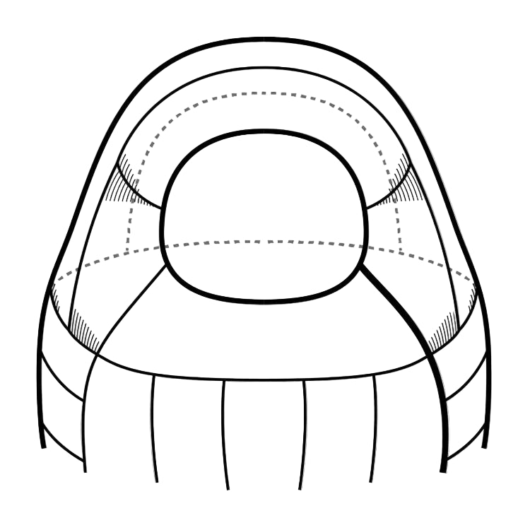 Mountain Equipment Helium GT 250 Sleeping Bag specification diagram showing low-volume anatomically shaped five-baffle hood construction