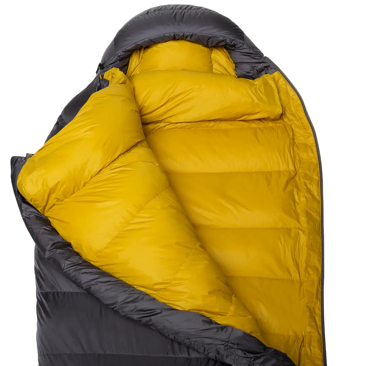 Foot box detail on Mountain Equipment Helium GT 400 Sleeping Bag in Anvil Grey showing four-baffle anatomically shaped and offset construction