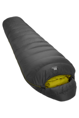 Mountain Equipment Helium GT 400 Sleeping Bag in Anvil Grey - front view showing recycled Helium 20D outer and roomy GT fit